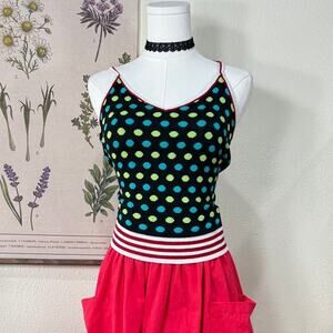 Vintage 90s Y2k Multi Polka Dot Striped Knit Cami Top Retro Mod Whimsy Twee M